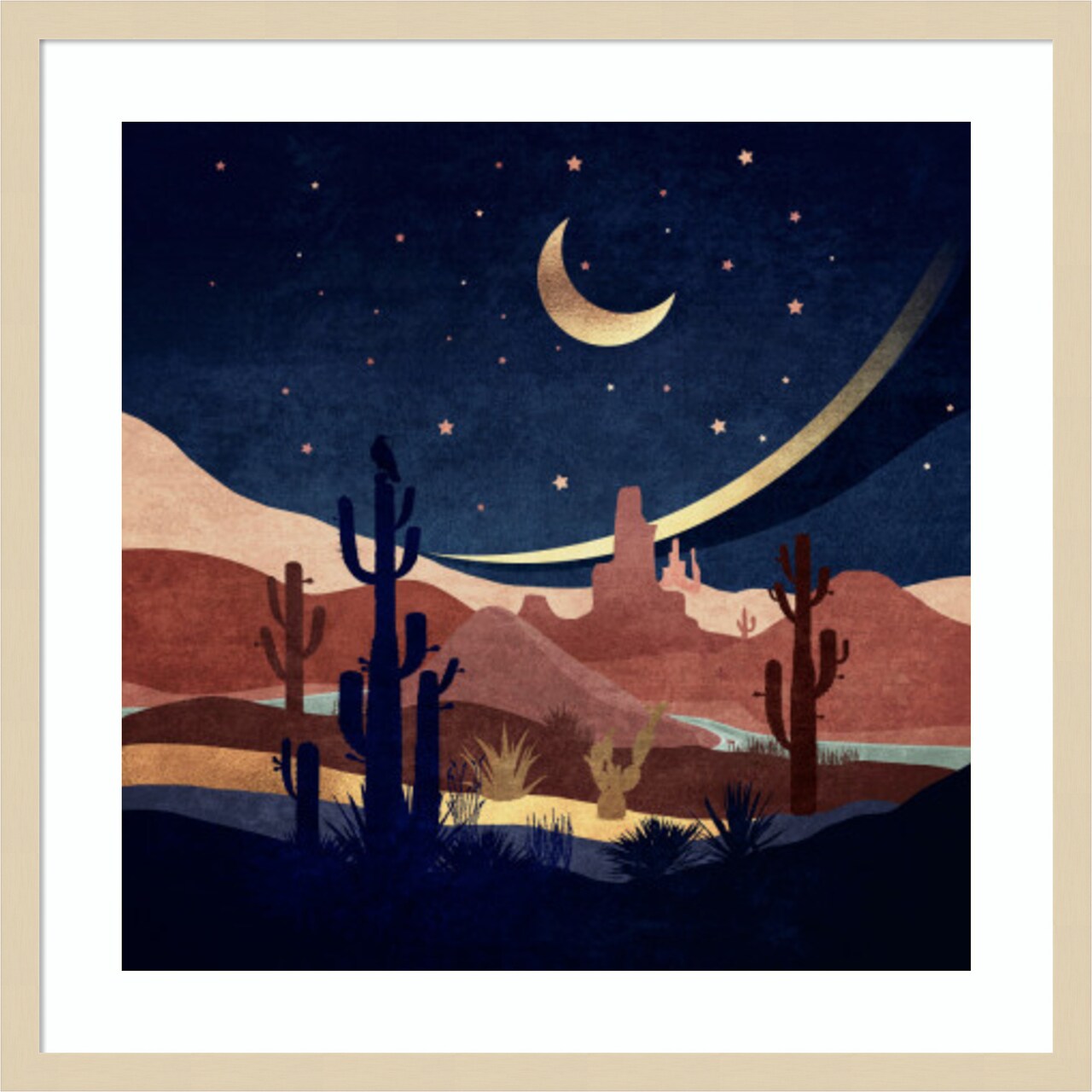 Blue Western Night by Emel Tunaboylu Wood Framed Wall Art Print